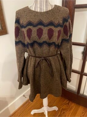 Brown Patterned Crewneck Knit Sweater with Burgundy Accents Leather Tie at Waste